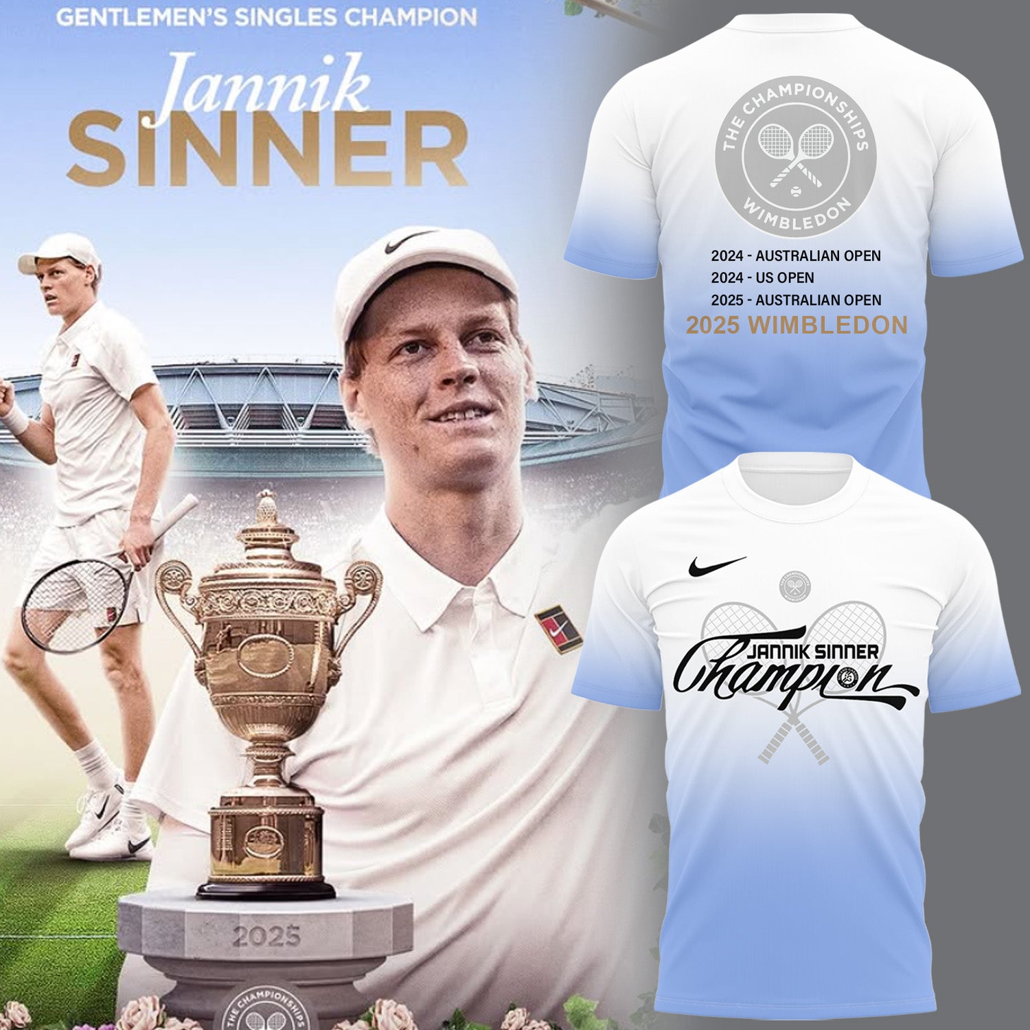 Limited Edition For The First Time Jannik Sinner Wimbledon Championships 2025 Blue and White TShirt