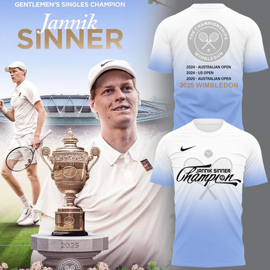 Limited Edition For The First Time Jannik Sinner Wimbledon Championships 2025 Blue and White TShirt