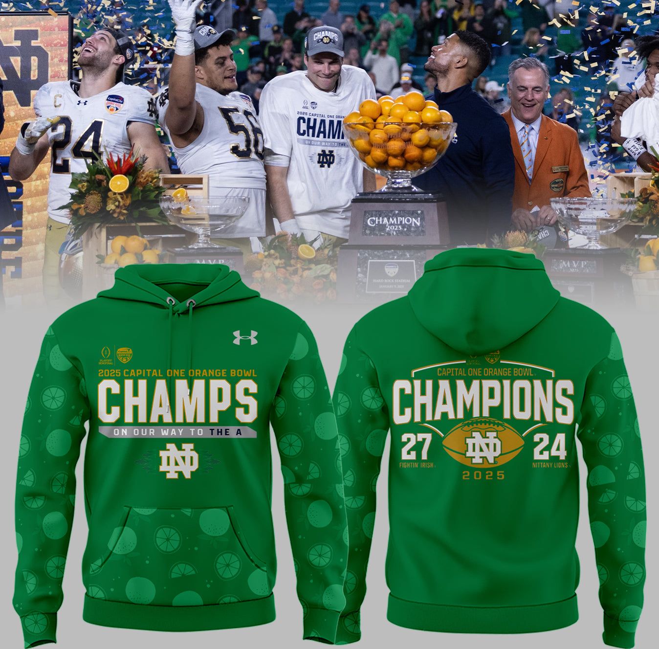 Notre Dame Fighting Irish Football NCAA Under Armour Limited Orange Bowl Champions Green Hoodie