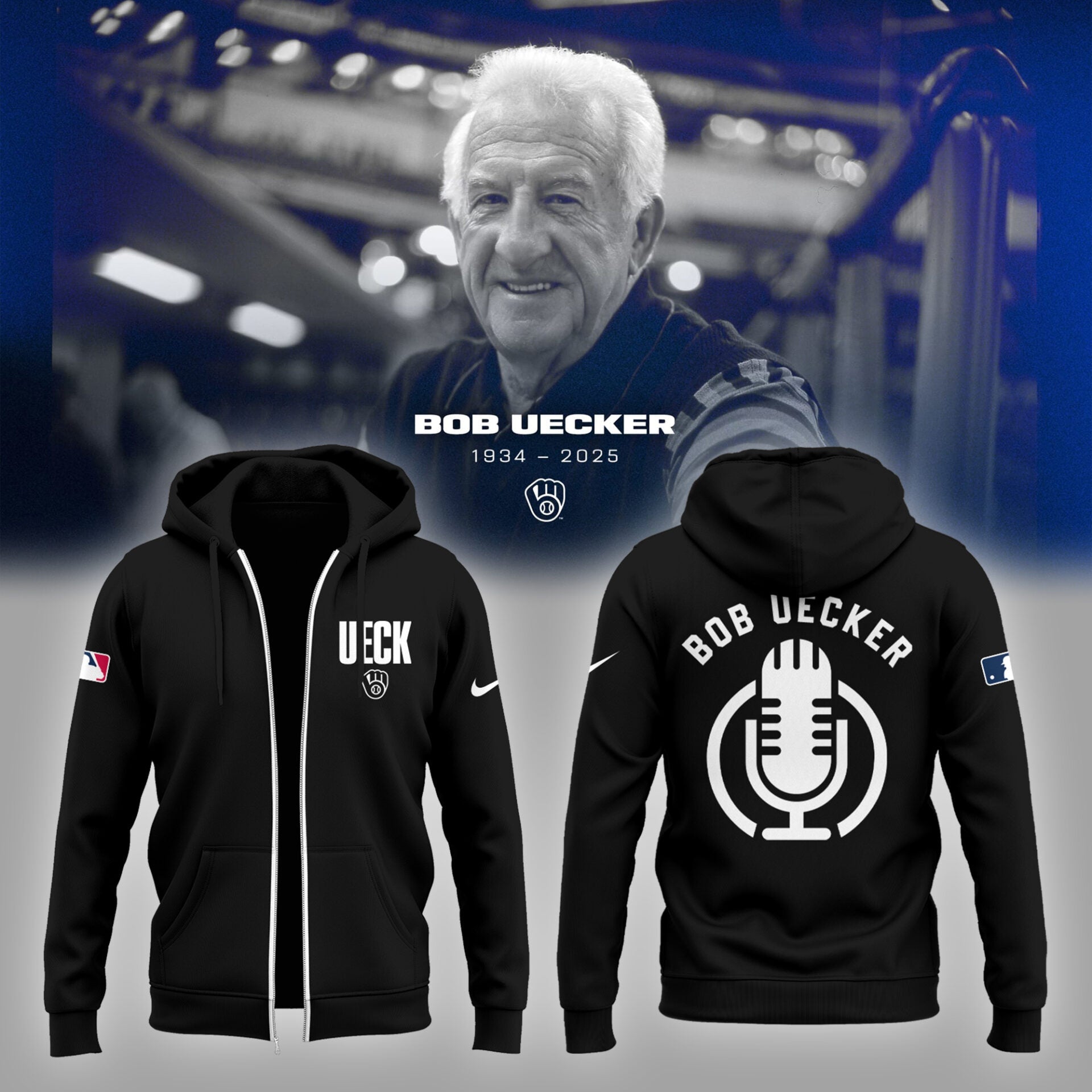 Honoring The Legend, Brewers Baseball Hall of Famer Bob Uecker Black Zip Hoodie
