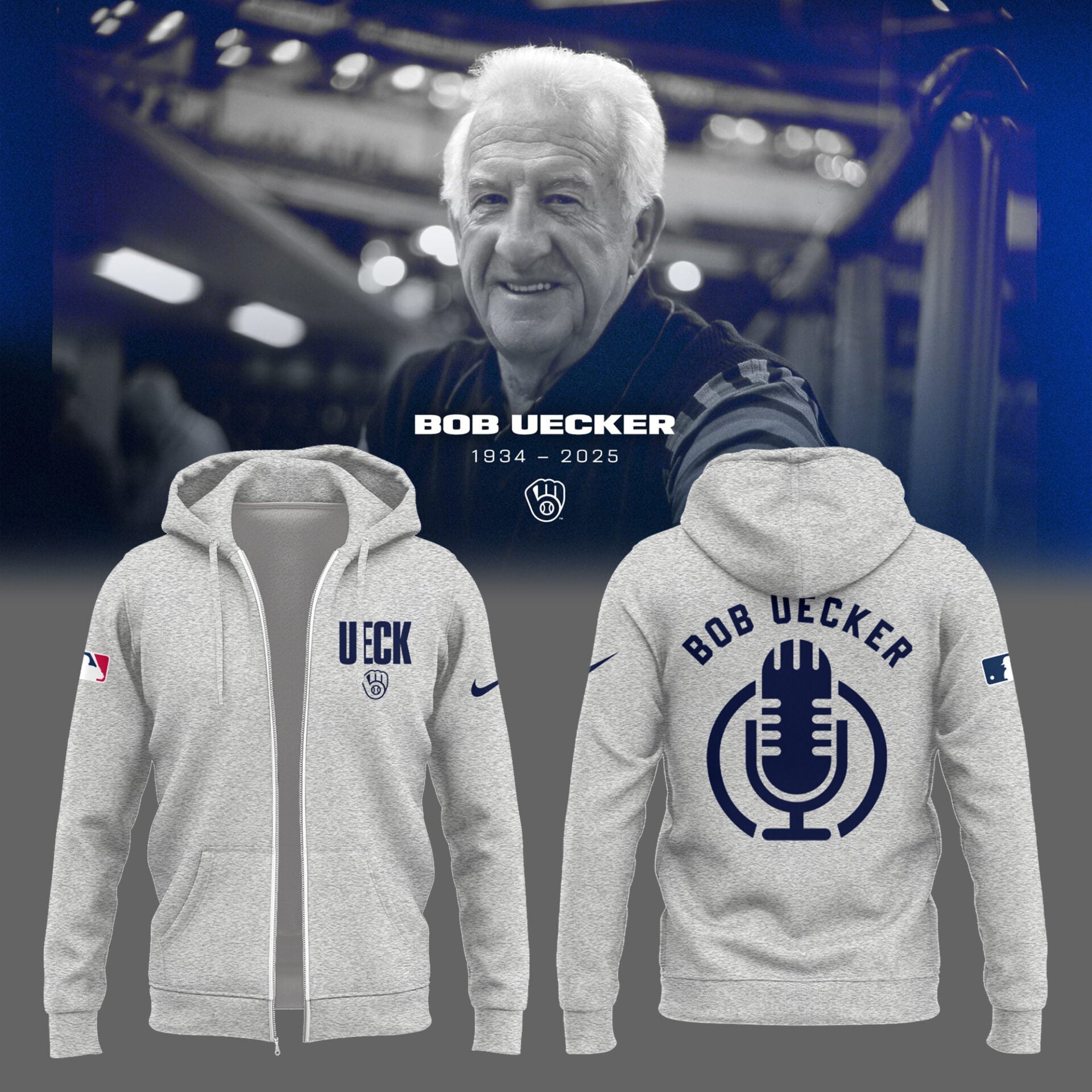 Honoring The Legend, Brewers Baseball Hall of Famer Bob Uecker Grey Zip Hoodie
