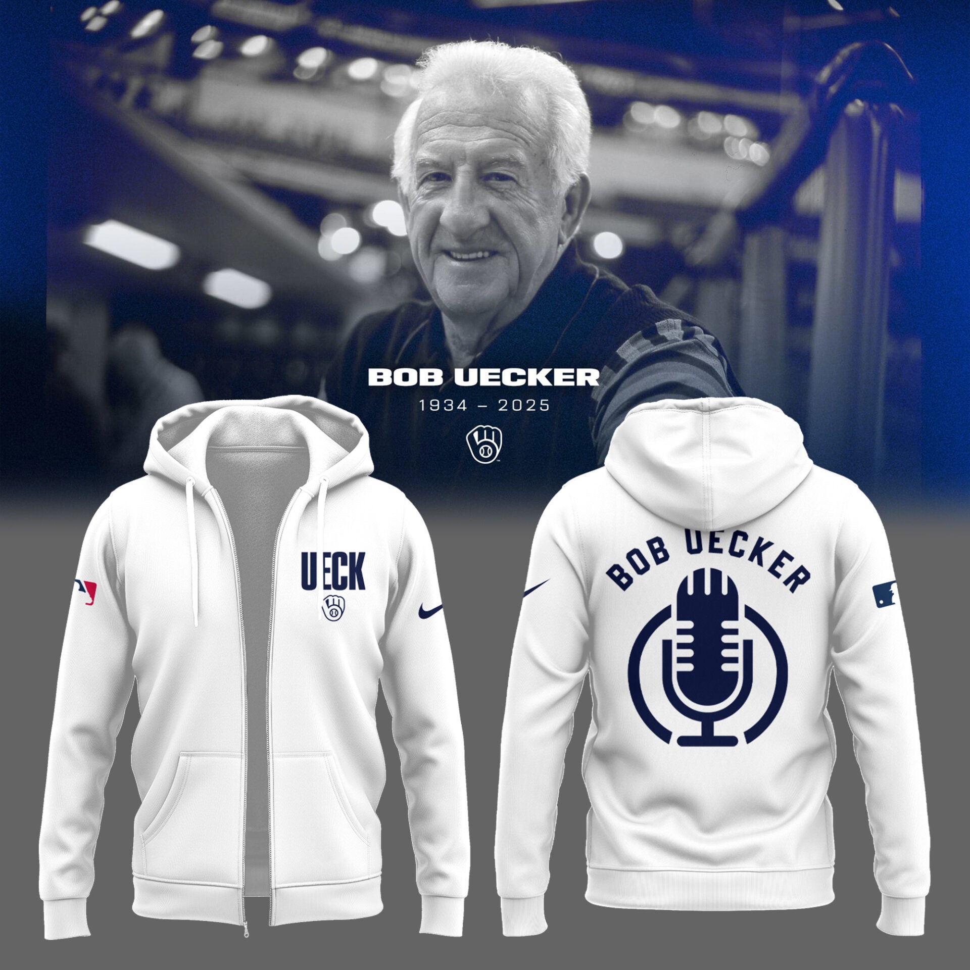 Honoring The Legend, Brewers Baseball Hall of Famer Bob Uecker White Zip Hoodie