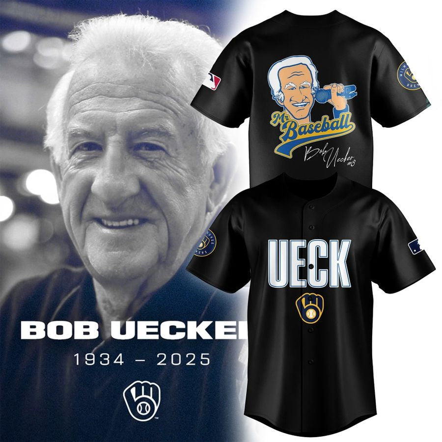 Honoring The Legend, Milwaukee Brewers Baseball Hall of Famer Bob Uecker Black Jersey