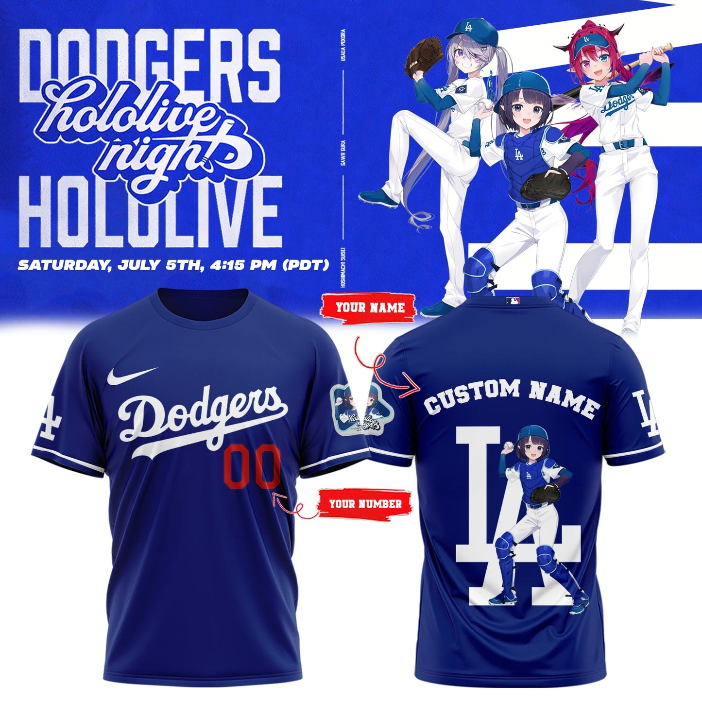 Los Angeles Dodgers Baseball T-Shirt - Hololive Night Ina’nis Shirts 2025 Custom Name and Number LA-09
