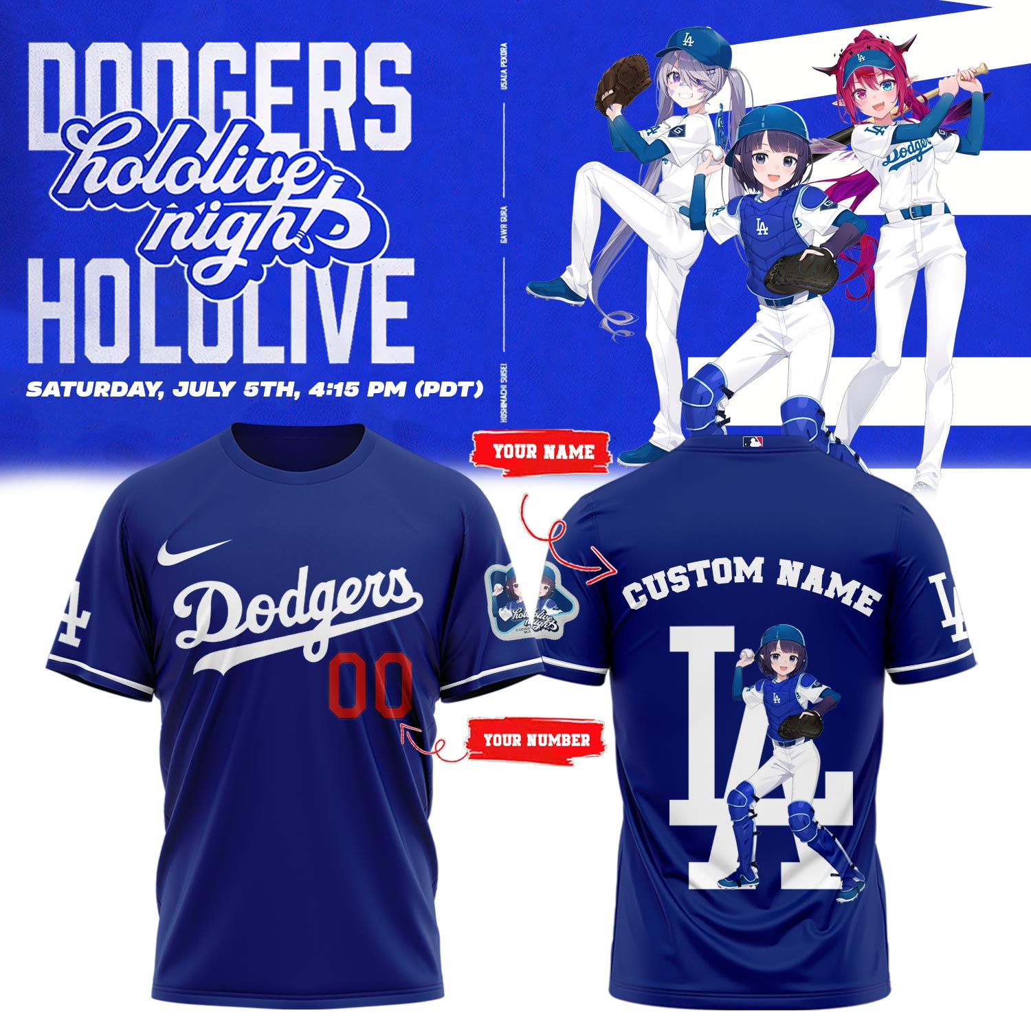 Los Angeles Dodgers Baseball T-Shirt - Hololive Night Ina’nis Shirts 2025 Custom Name and Number LA-09