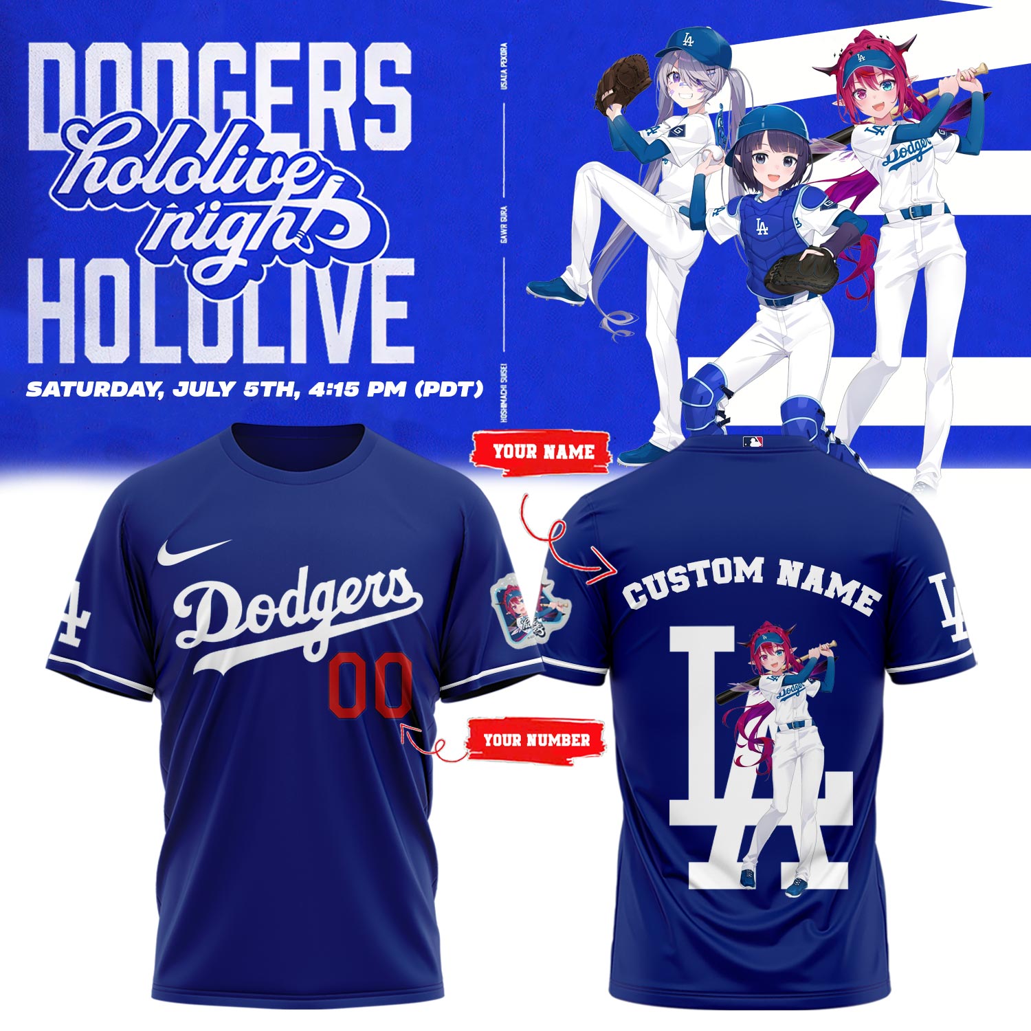 Los Angeles Dodgers Baseball T-Shirt - Hololive Night IRyS Shirts 2025 Custom Name and Number LA-03