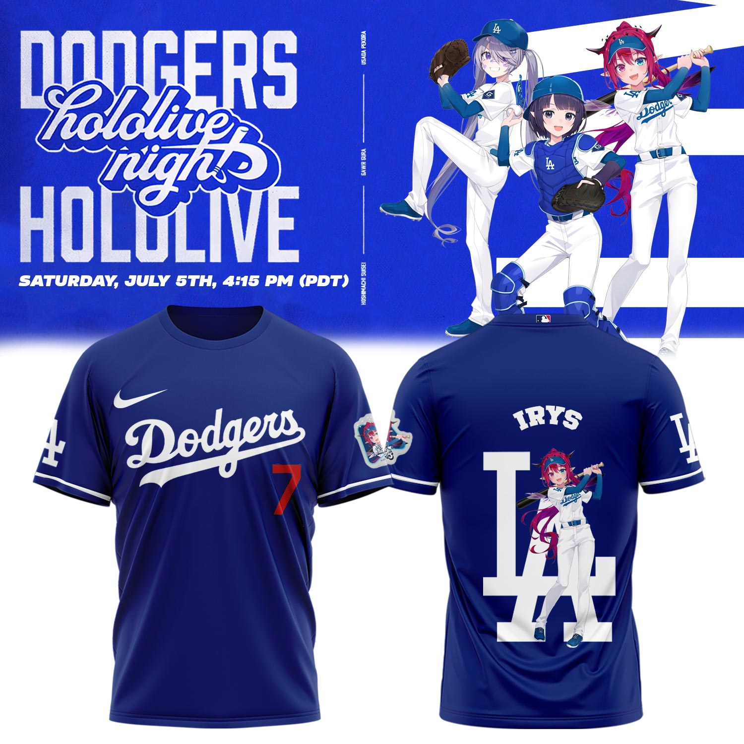 Los Angeles Dodgers Baseball T-Shirt - Hololive Night IRyS Shirts 2025 LA-04