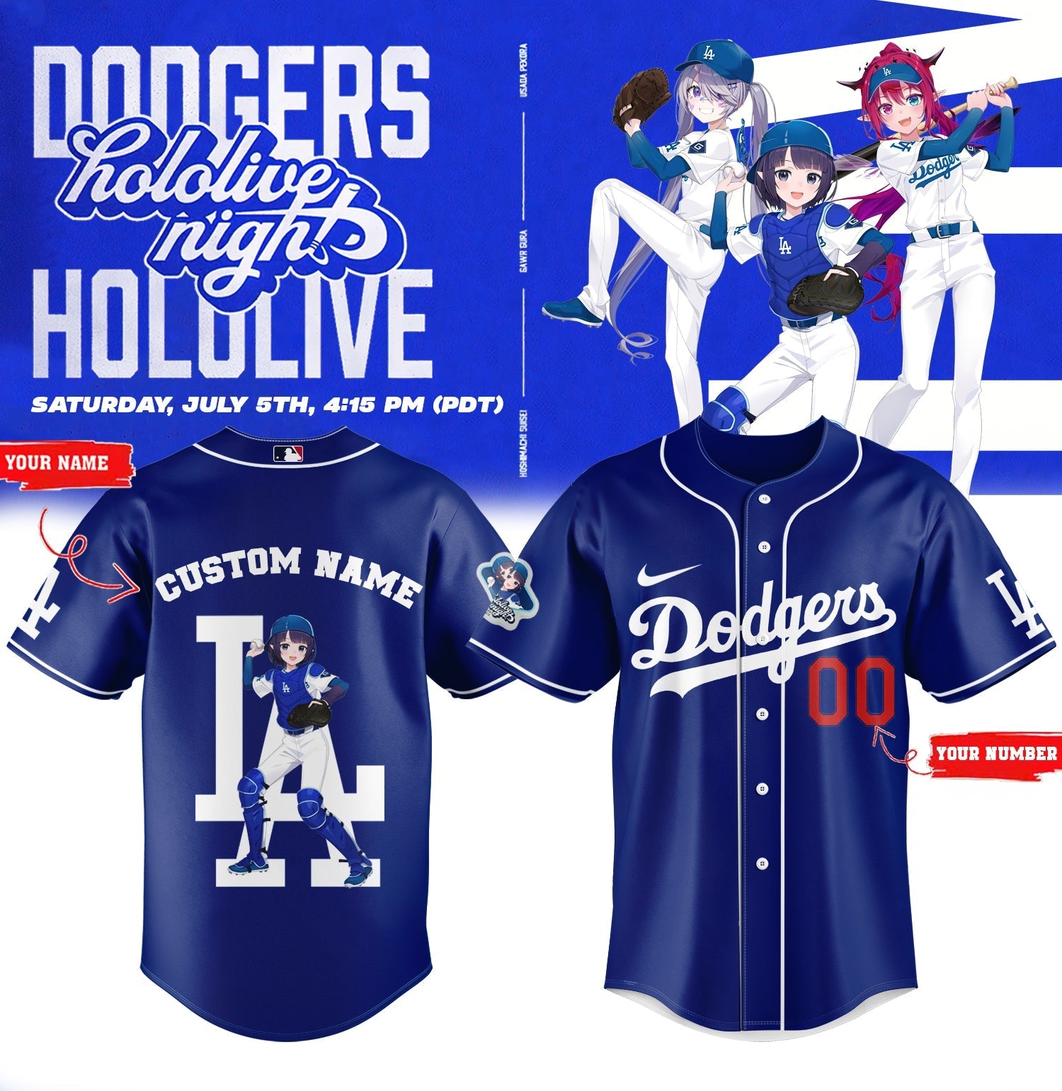 Los Angeles Dodgers Baseball Jersey - Hololive Night Ina’nis Jersey 2025 Custom Name and Number LA-20