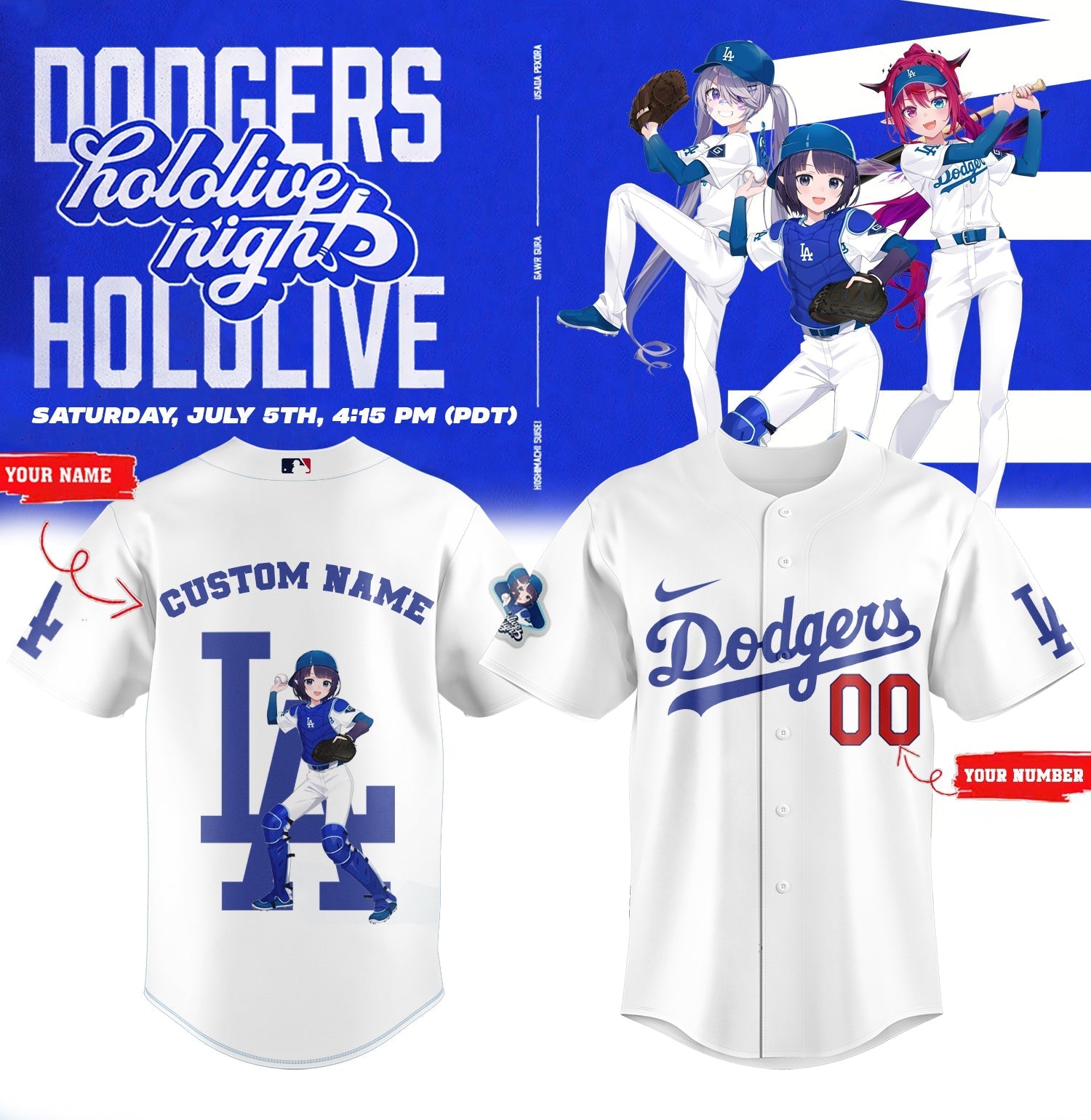 Los Angeles Dodgers Baseball Jersey - Hololive Night Ina’nis Jersey 2025 Custom Name and Number LA-16