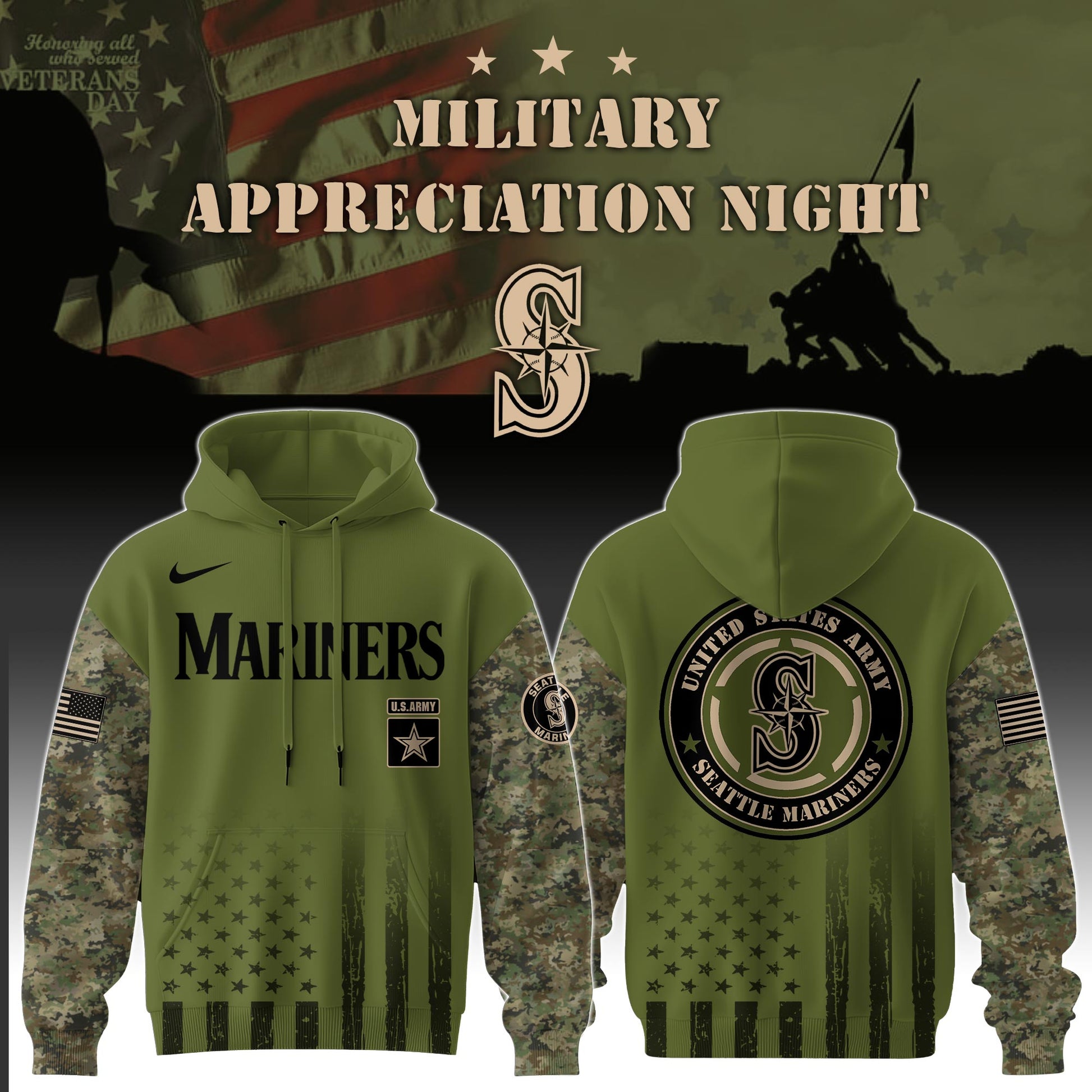 Seattle Mariners x MLB x Army Military Appreciation Night Hoodie Editions Limited