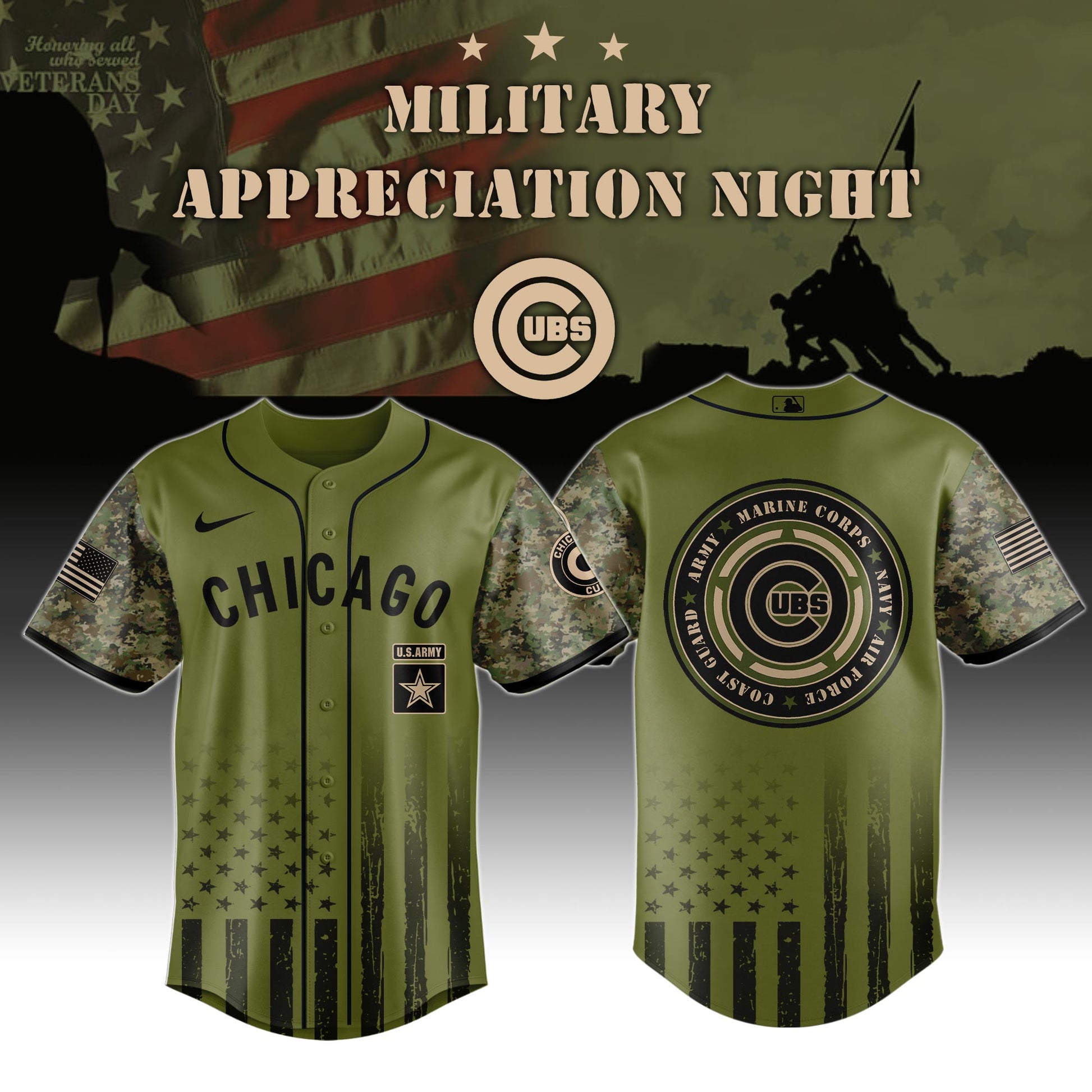 Chicago Cubs MLB x Military Appreciation Night (Army, Navy, USAF, USMC, USCG) Jersey Editions Limited 2025 V2