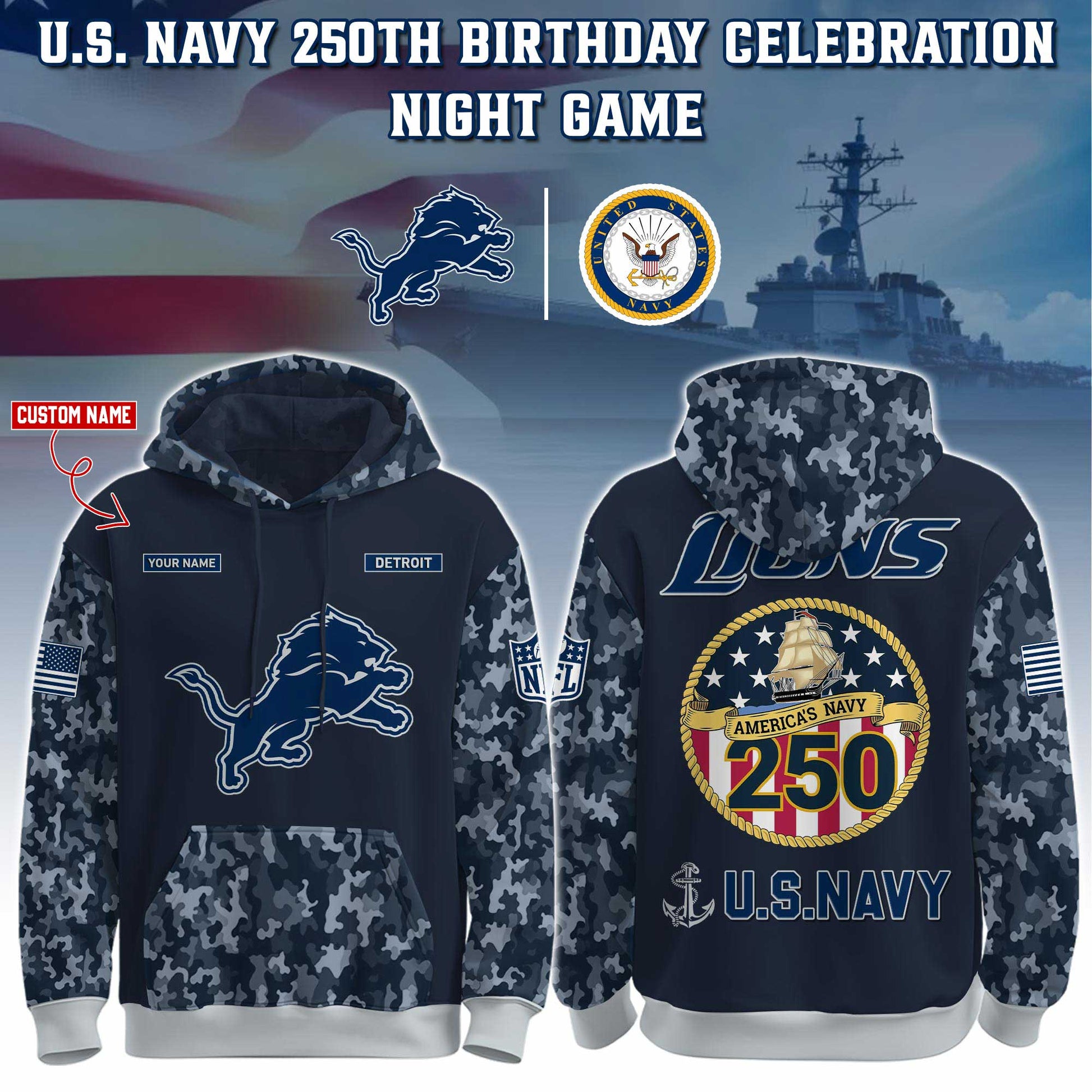 Detroit Lions Navy 250th Birthday Hoodie Limited Edions