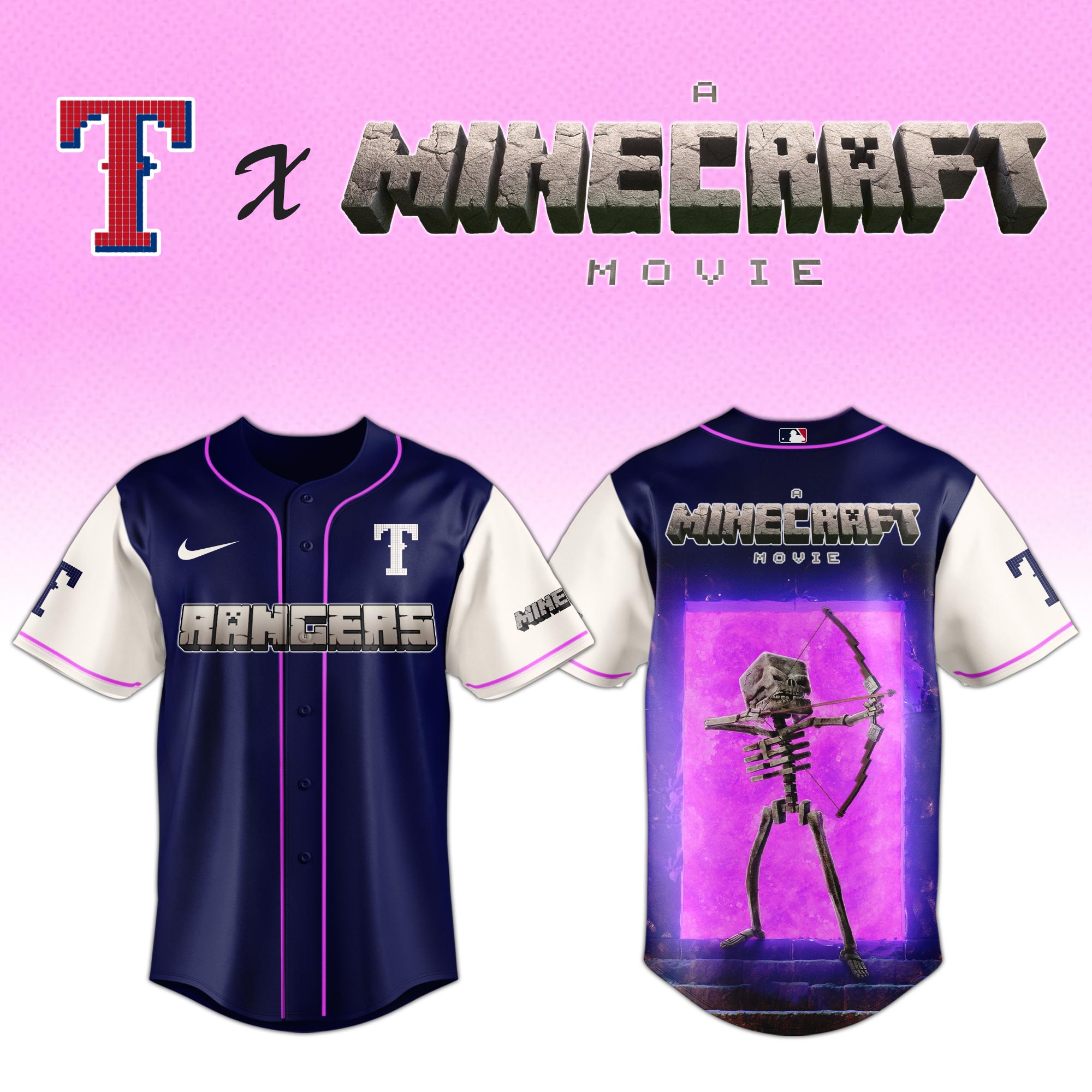 Texas Rangers MLB x SKELETON A MINECRAFT MOVIE Night Jersey Editions L ...