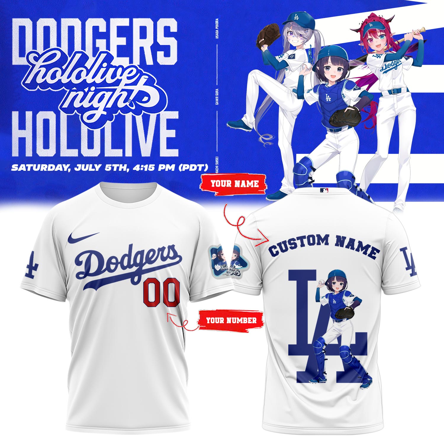 Los Angeles Dodgers Baseball T-Shirt - Hololive Night Ina’nis Shirts 2025 Custom Name and Number LA-06