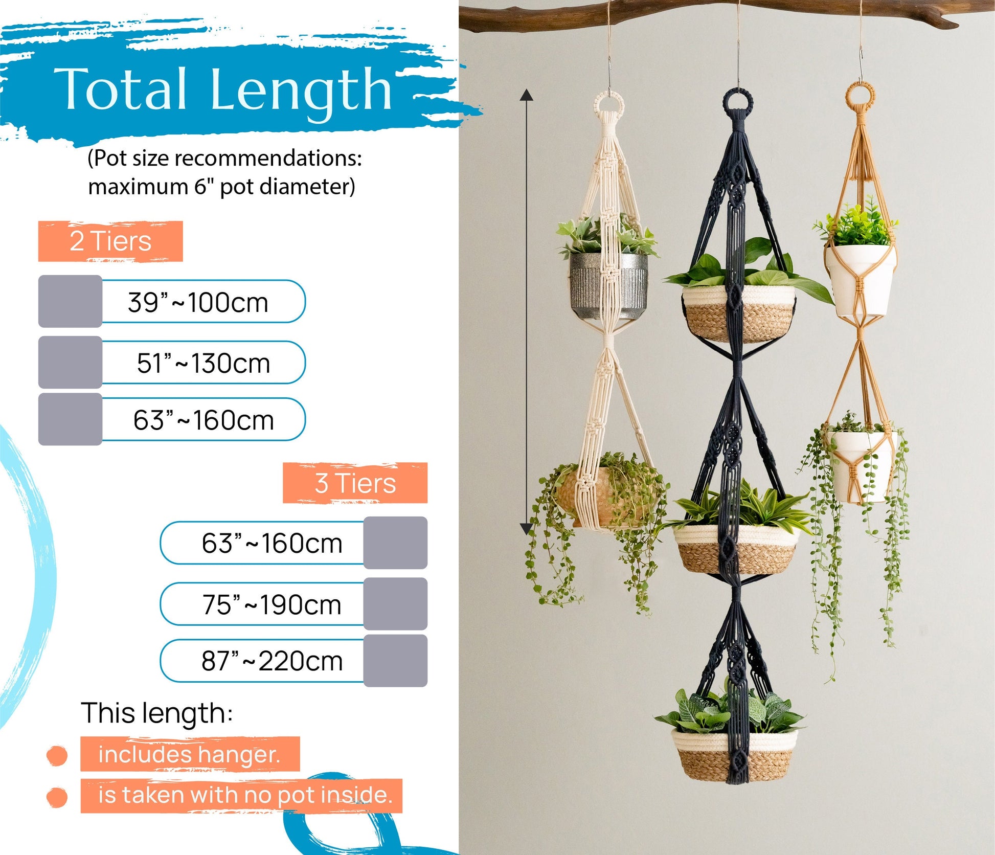 Double Plant Hanger, Garden Gift, Hanging Pot Holder, Tassel Free Plant Hanger, Two Tiers Plant Holder, Plant Hanger Indoor, Pot Holder I73