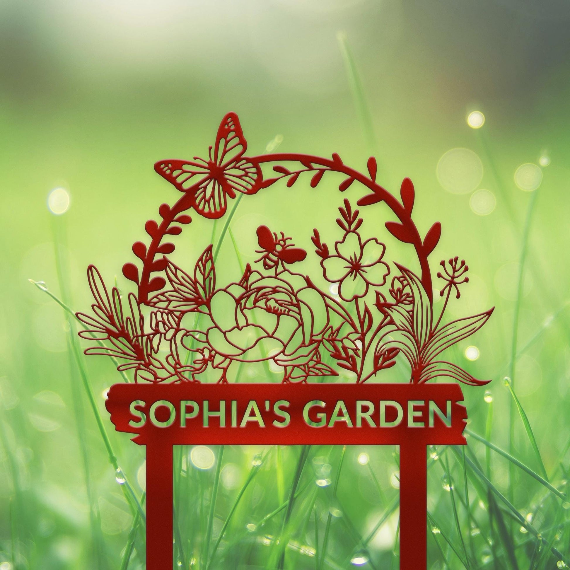 Personalized Garden Name Sign, Custom Flower Garden Sign, Flower Sign with Stakes, Garden Butterfly Sign, Outdoor Metal Sign, Lawn Signs