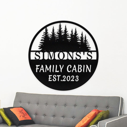Personalized Metal Cabin Name Sign, Custom Pine Tree Metal Sign, Mountain House Sign, Family Name Sign, Cabin Wall Art Decor, Farmhouse Gift