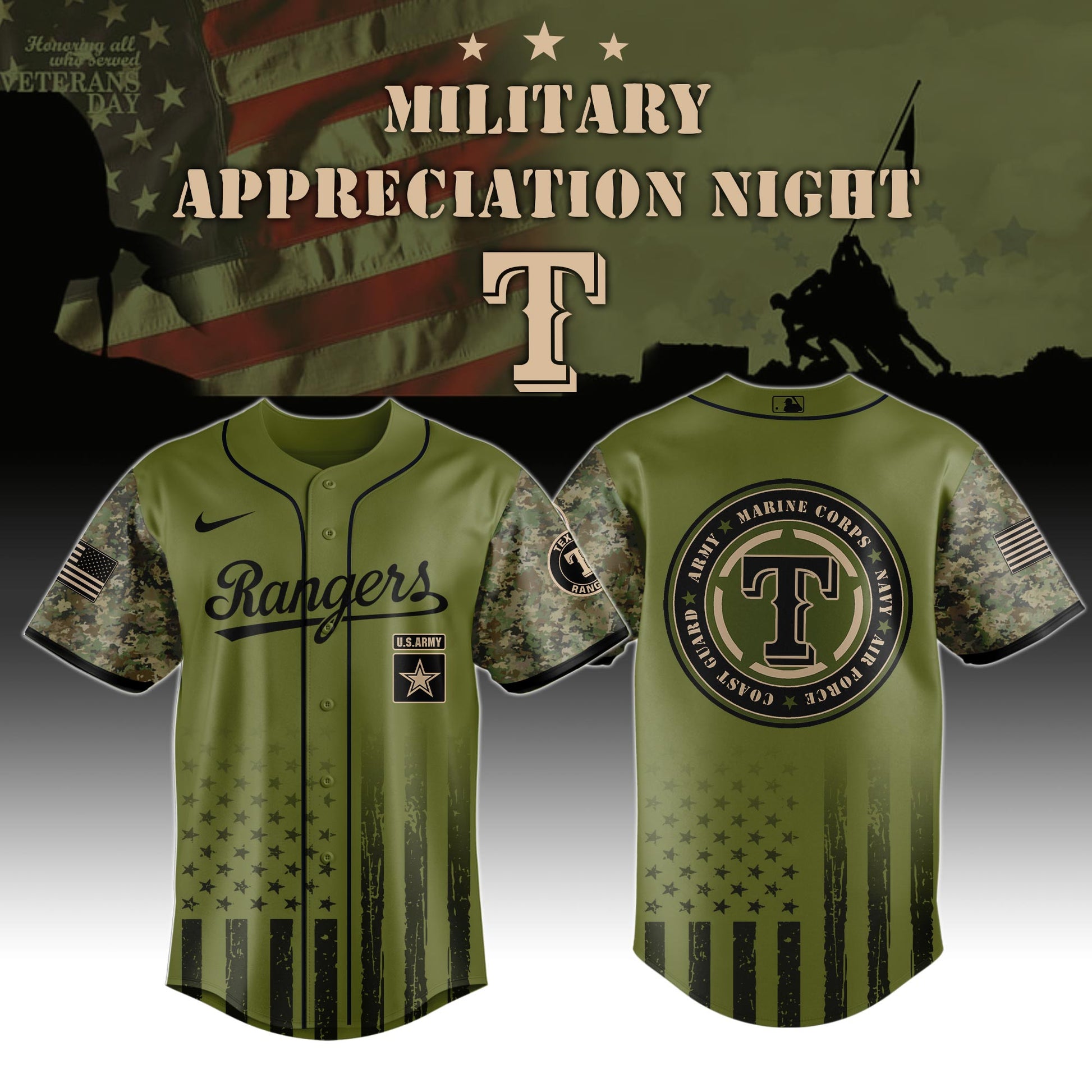 Texas Rangers MLB x Military Appreciation Night (Army, Navy, USAF, USMC, USCG) Jersey Editions Limited 2025 V2